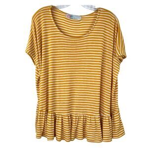 FP Beach Women's Yellow Striped Boho Peasant Top Ruffle Hem Oversized Size Small